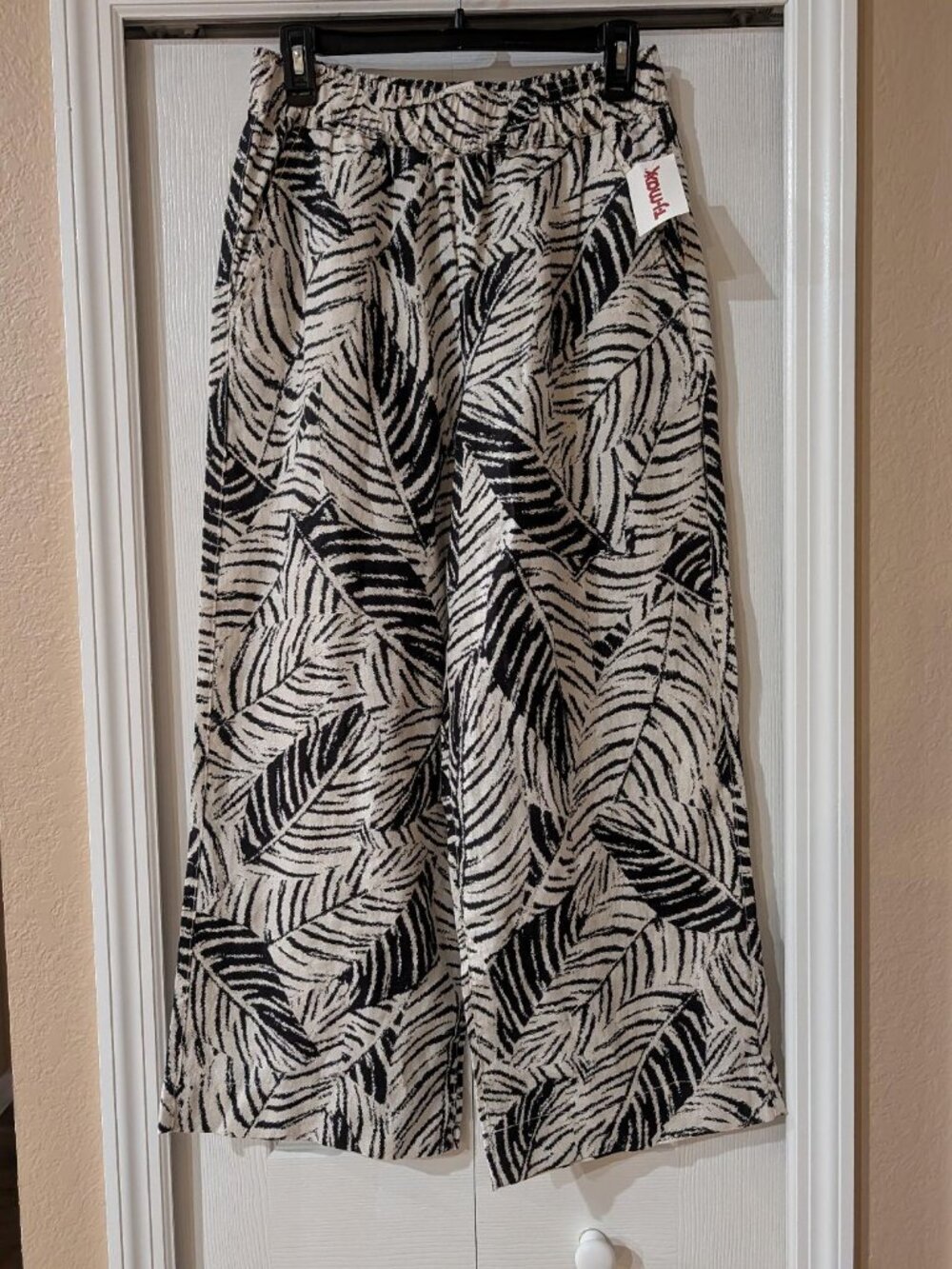 Cynthia Rowley Womens Linen Wide Leg Pants Black White Palm Print NWT Size Med